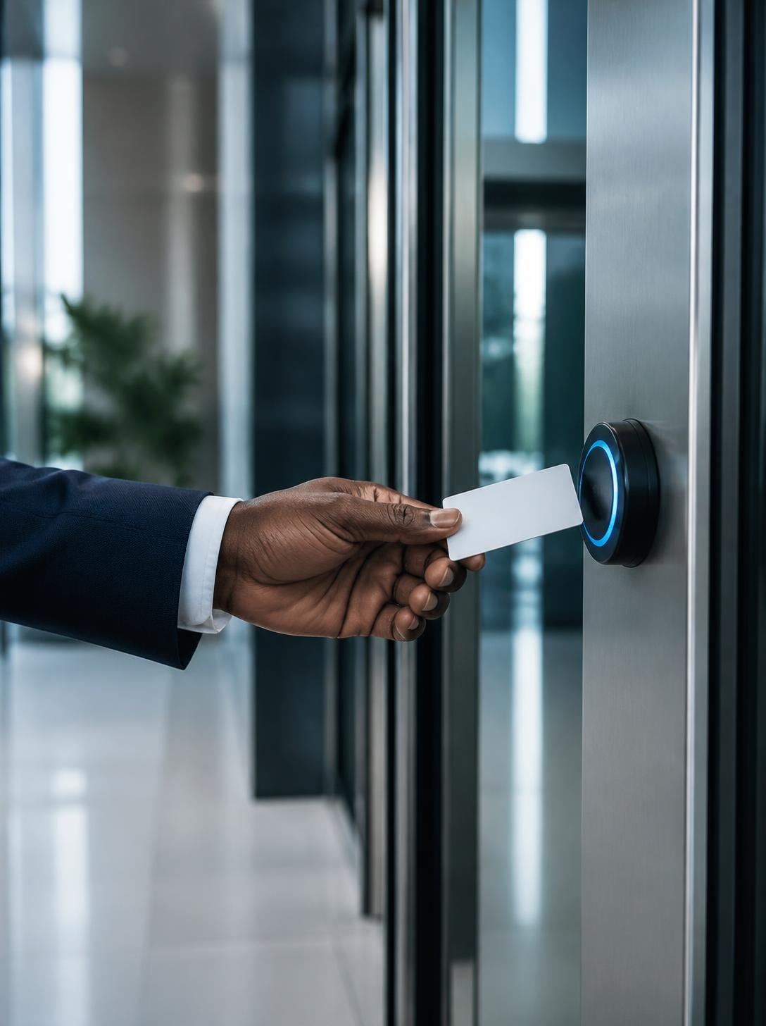 A hand holding a card to an access control reader on a glass door