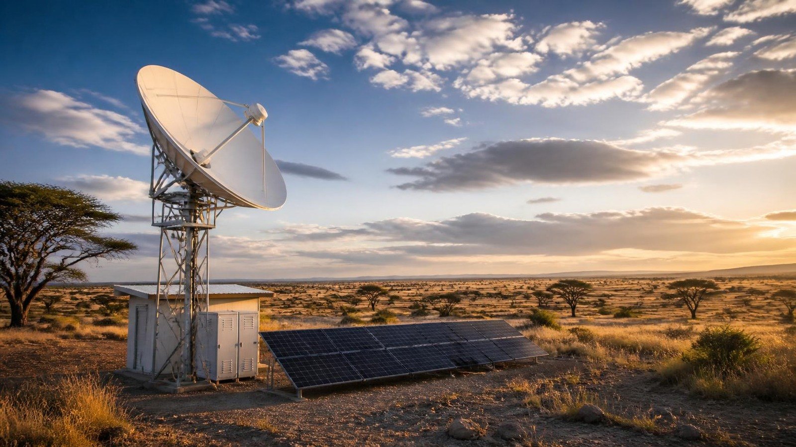 VSAT dish on a lattice mast beside a solar array at a remote site