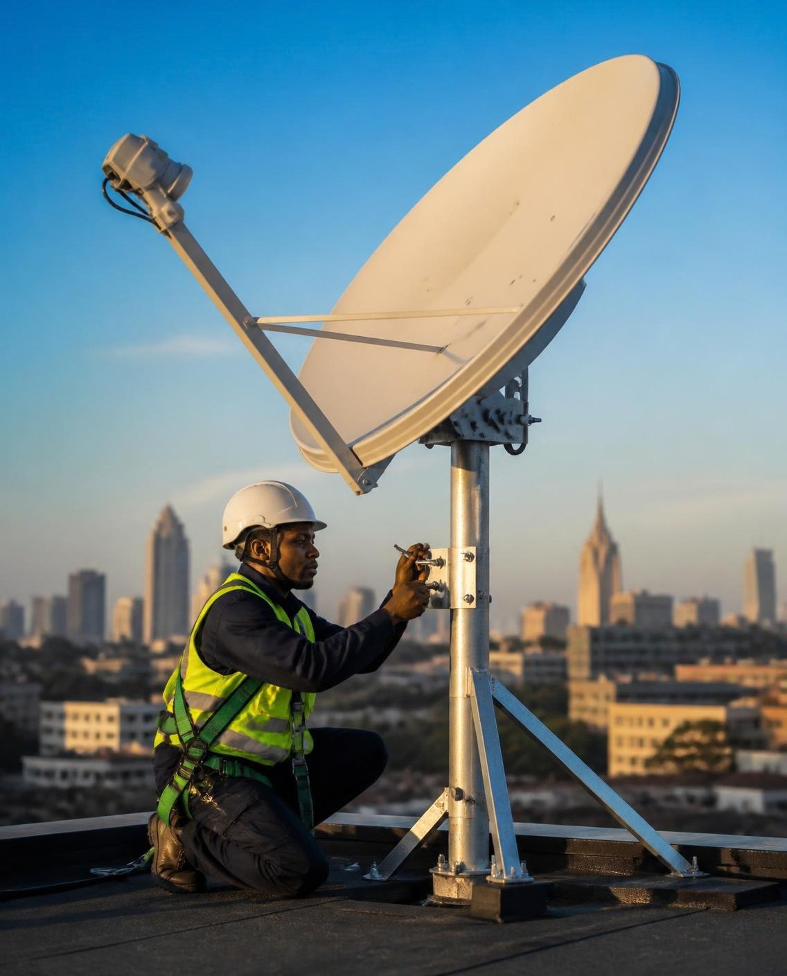 An engineer aligning a satellite dish on a Nairobi rooftop